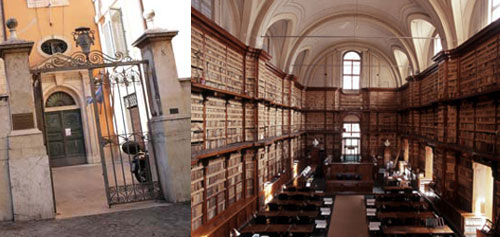 The subdued entrance and the main reading room of the Angelica Library
