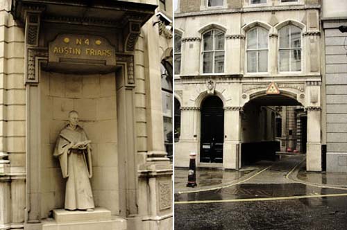 Entrance to Austin Friars Lane marked by a statue of a friar