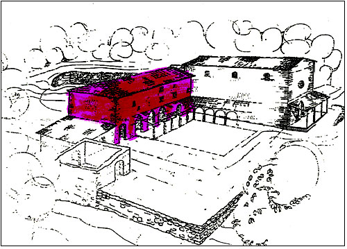 The coloured portion of the diagram is the building that still stands as a ruin.