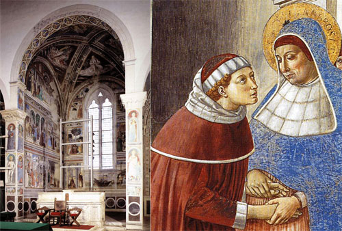 The Gozzoli frescoes (at left), and a fresco detail (at right).