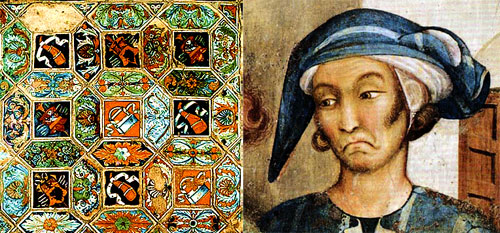 (Left): Tiles of maiolica on the floor of the Cappella Bicchi. (Right): Self portrait by Simone Martini.  (See text).