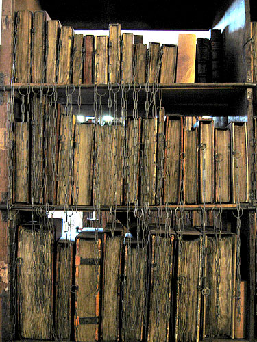Chained books in a library, medieval style
