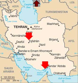 Map of Iran showing Hormuz and Esfahan.