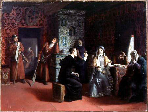 Painting, "Marina Mniszech under arrest with a priest." (See below)