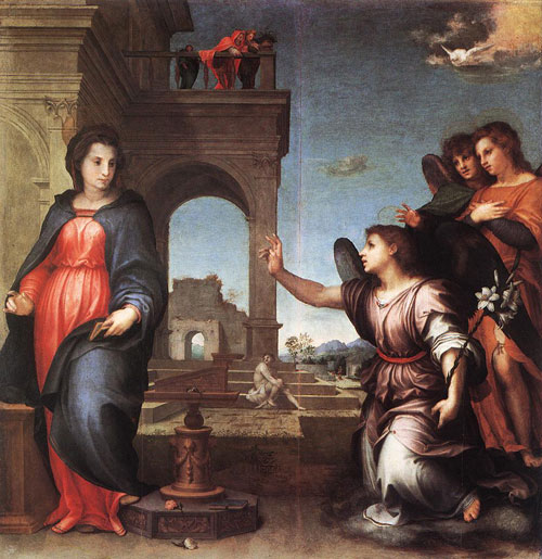 The Annunciation by Andrea del Sarto, dramatised by using three angels