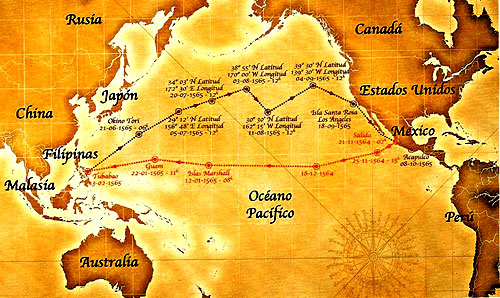 The red route to the Philippines, and the black route back to Mexico
