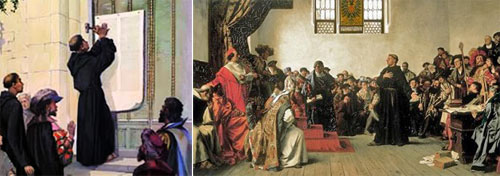 Images of Luther nailing his thesis and speaking at the Diet of Worms