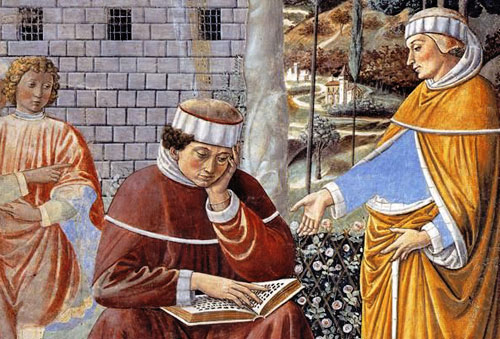 Augustine's "take and read" moment at the garden in Milan (Gozzoli fresco)