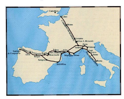 Pilgrim routes: Francigena from Canterbury, Camino in Spain