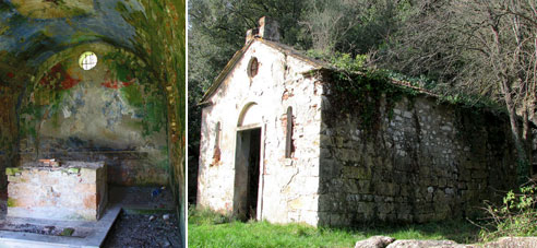 Left: sanctuary end of the chapel's interior. Right: Exterior view.