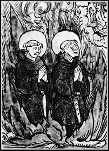 A woodcut depicting the burning at the stake, by Catholic authorities, of Belgian Augustinians Johann Esch and Henrich Voes for their refusal to recant.