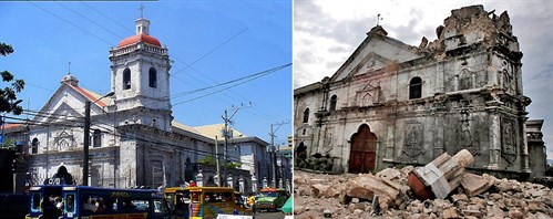 Basilica of the Sto Nino in Cebu, before & after the earthquake of 2013