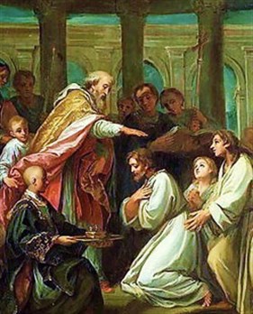 Augustine's baptism, witnessed by Monica and Adeodatus