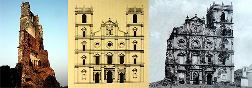 A remaining tower, a skectch and an 19th-century photograph.