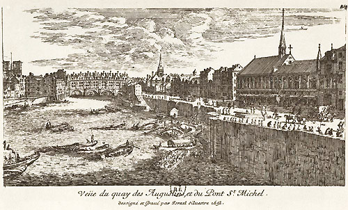 Engraving of Grands Augustins Quai (on right) in 1658 by Silvestre.