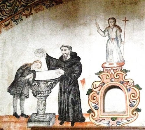 A fresco at San Miguel Priory, Xometla, Mexico; an Augustinian baptizing