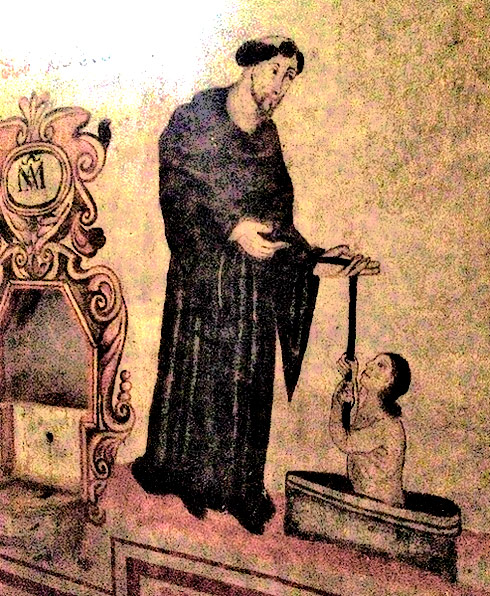 Former Augustinian monastery at Xomelta, Mexico: A friar saving a sinner