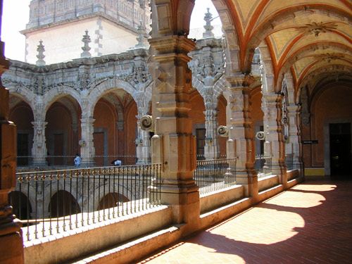 Queretaro's two-storied cloister corridors, with brilliant stone work