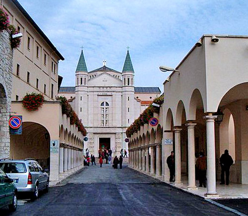 The impressive colonnade leading to St Rita's Shrine and Church in Cascia