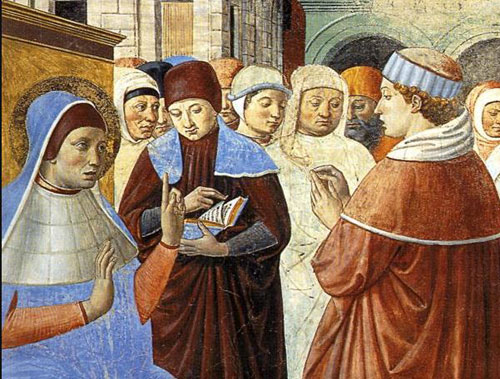 Ambrose (at left) speaks to Augustine: Gozzoli fresco, San Gmignano