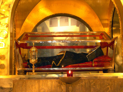 The remains of St Rita in a glassed casket in the Shrine at Cascia