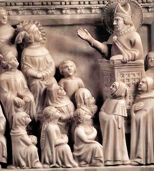 Ambrose preaches to Augustine. Carved in marble on Augustine's arca (tomb).