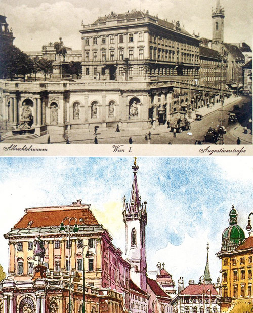 The thin steeple of the Augustinerkirche in monochrome and pastel